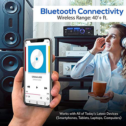Pyle Home Power Amplifier with Bluetooth Wireless - 2 x 120 Watt Stereo Receiver w/ Blue LED Level Meter, FM Radio, USB-A Input w/ MP3 Player, SD Card In, Aux, RCA, Headphone Jack - PCAU46BA