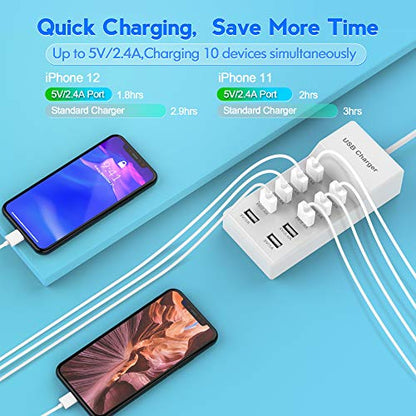 USB Charger Station Block 10-Port USB-A Power Strip Plug for Multi Devices - color: White-10*USB-A Ports