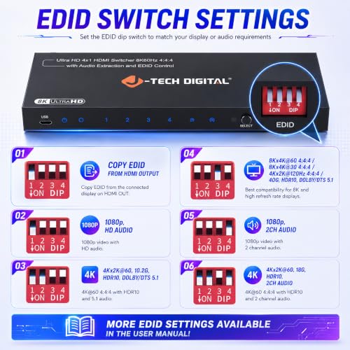 J-Tech Digital 8K HDMI Switch 4 in 1 Out 8K@60Hz 4K@120Hz 1080P@240Hz, HDMI Audio Extraction to Optical & 3.5mm, HDR HDCP 2.3 EDID Control, Compatible with PS5 PS4 Xbox Switch Apple TV Roku Fire TV - style: 4 in 1