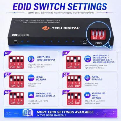 J-Tech Digital 8K HDMI Switch 4 in 1 Out 8K@60Hz 4K@120Hz 1080P@240Hz, HDMI Audio Extraction to Optical & 3.5mm, HDR HDCP 2.3 EDID Control, Compatible with PS5 PS4 Xbox Switch Apple TV Roku Fire TV - style: 4 in 1