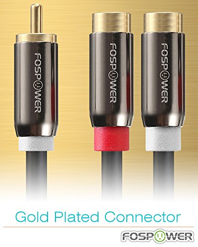 FosPower Y Adapter [8 inch] 1 RCA (Male) to 2 RCA (Female) Stereo Audio Y Adapter Subwoofer Cable [24k Gold Plated] 1 Male to 2 Female Y Splitter Connectors Extension Cord | Dual-shielded RCA Y-splitter cable (1 RCA male to 2 RCA female) with 24K gold con