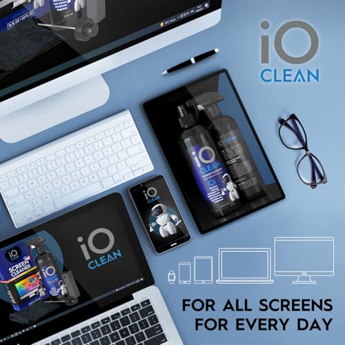 iO CLEAN Screen Cleaner Spray (16oz - 473ml) – Best Large Cleaning Kit | for LCD, LED & OLED TV, Smartphone, iPad, Laptop, Touchscreen, Computer Monitor, Microfiber Cloth Wipes & 2 Nozzles - size: 16.9 Fl Oz (Pack of 1)