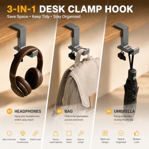 JAKO Aluminum Alloy Headphone Stand for Desk, Foldable Headphone Holder - Headset Stand Hook Mount, PC Gaming Headset Holder Under Desk Clamp for Office, Computer, Student Class Table, Handmade Table - color: Grey