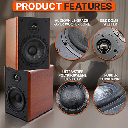 Pyle 5.25" Home Audio Speakers, 2-Way Passive Bookshelf, 200W Max Power, 1" Silk Dome Tweeter, Composite Woofer, Gold Plated 5 Way Binding Post, Rubber Surrounds, Beautiful Wood Grain Finish - Pair - color: Natural, size: 5.25 inch