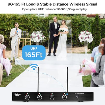 Bietrun 4-Channel Wireless Microphones System with 4 Handheld Mics, UHF Metal Dynamic Cordless Mics for Karaoke, Singing, Church, Family Theater(Auto Connect/295FT Range/Fixed Frequency), Black