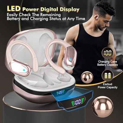 HAOYUYAN Sports Bluetooth Headphones, 80Hrs Playtime Wireless Earbuds with LED Power Display, IPX7 Waterproof Earphones for Workout/Running, Noise Canceling Headset Ear Buds - color: Pink Gold