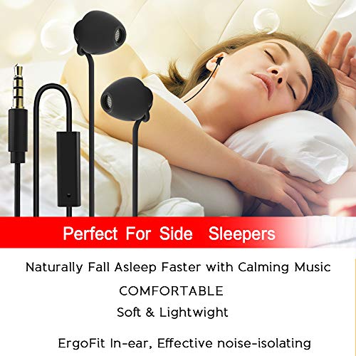 Sleeping Headphones Earphones, Soft Comfortable Silicone Noise Isolating Earbuds with Mic Earplugs for Nighttime, Insomnia, Travel, Sport, Meditation & Relaxation (Black)