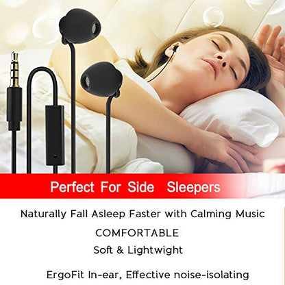 Sleeping Headphones Earphones, Soft Comfortable Silicone Noise Isolating Earbuds with Mic Earplugs for Nighttime, Insomnia, Travel, Sport, Meditation & Relaxation (Black)