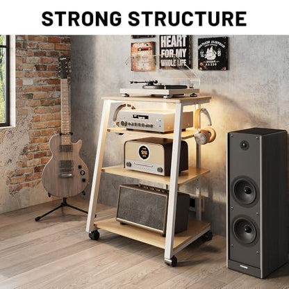4-Tier Stereo Stand, AV Media Stand Cabinet Console Shelf with Power Strips and 2 Hooks, Audio-Video Rack Game Console Stand Media Organizer (Maple)