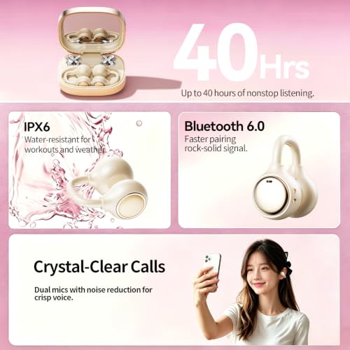 Open Ear Clip Earbuds Bluetooth 6.0, Wireless Ear Clip Headphones with LED Mirror Charging Case, IPX6 Waterproof 40H Playtime, Lightweight Open-Ear Earphones for Women Girls Gifts (Skin) - color: Skin