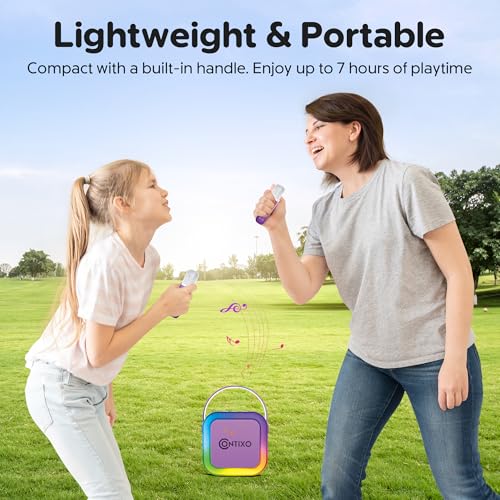 Contixo KS1 Mini Karaoke Machine for Kids, Portable Bluetooth Speaker with 2 Wireless Microphones & Dynamic Lights for Boys & Girls, Home Party Entertainment Toy (Purple) - color: Purple