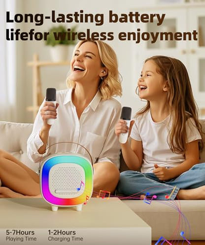 Kids Karaoke Machine Toy Ages 3-12, Mini 2 Wireless Mics Bluetooth Speaker | LED Party Lights, Voice Changer, Duets, BT 5.3, Rechargeable Portable, Christmas Birthday Gifts for Toddler Boys & Girls - color: Off-White - 2 Mics