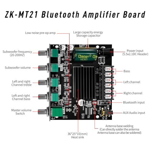 ZK-MT21 2.1 Channel Bluetooth Amplifier Board – Mini 12V-24V Audio Amplifier with Subwoofer Output, Bass Treble Control 50W+50W+100W– DIY HiFi Home TV Amp for Passive Speakers - size: ZK-MT21