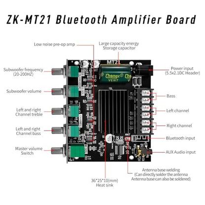 ZK-MT21 2.1 Channel Bluetooth Amplifier Board – Mini 12V-24V Audio Amplifier with Subwoofer Output, Bass Treble Control 50W+50W+100W– DIY HiFi Home TV Amp for Passive Speakers - size: ZK-MT21