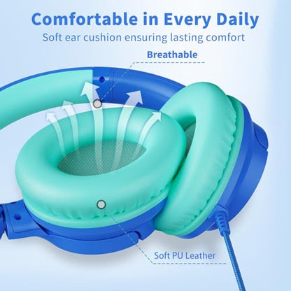 Botesty Sound Headphones Wired with Microphone for School, 3.5mm Plug Blue - color: Blue