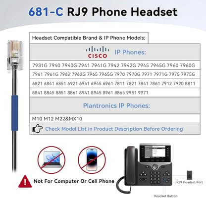 Wantek Cisco Phone Headset for Landline Office Phone,Noise Canceling Microphone and Mute Switch,Telephone Headset Compatible with Cisco IP-7940 7942 7945 7960 7962 7965 7811 7821 8811 8841 8845 8851 - color: Gray