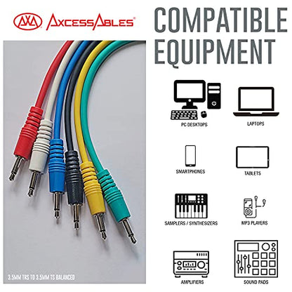 AxcessAbles 1/8 inch (3.5mm) TS to 1/8 inch (3.5mm) TS Unbalanced Mono Patch Cables | Modular Synth Cables | TS Aux Cords| Eurorack Audio Cables | 3.5mm TS Aux Cords 6 Pack (3ft) - size: 3ft
