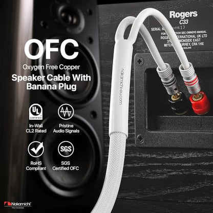 Nakamichi 24k Gold Plated Banana Plugs with 14 AWG Speaker Cable 99.9% OFC | Oxygen-Free Copper, Excel Series, Heavy Duty Braided for Amplifier Receiver Hi-Fi Stereo Audio Wire - White (15 feet / 4.5m) - color: White (14 AWG), size: 15-Feet (4.5m)