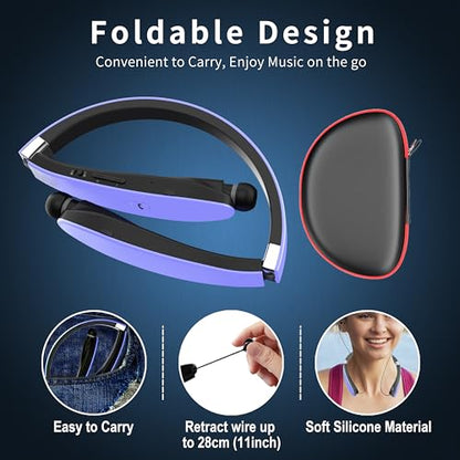 AMORNO Foldable Bluetooth Headphones Wireless Neckband Headset with Retractable Earbuds, Sports Sweatproof Noise Cancelling Stereo Earphones with Mic - color: Purple