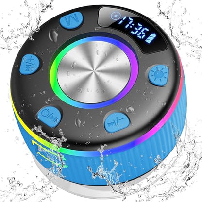 Bluetooth Shower Speaker, Portable Bluetooth 5.3 Speakers Wireless with Time Display, IP7 Waterproof Speakers with RGB Light, Suction Cup, Mini Stereo Speaker for Bathroom Party Beach Outdoor, Blue - color: Sky Blue