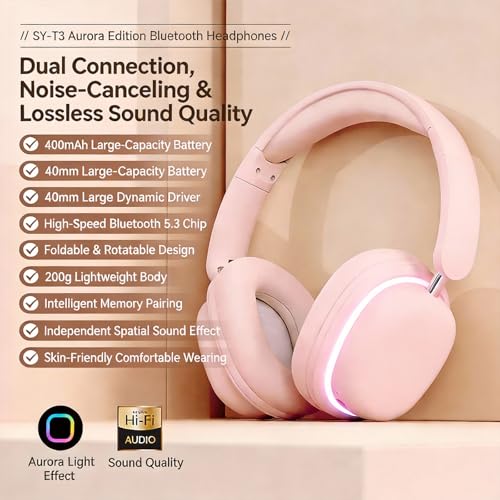 Active Noise Cancellation Bluetooth Headset On Ear Painless Wear Foldable Rotatable Design Lightweight Dual Device Connectivity Detachable Gaming Mic-SY-T3 Pink - color: Headset SY-T3 pink
