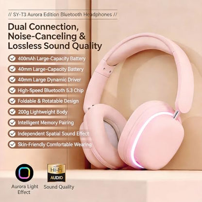 Active Noise Cancellation Bluetooth Headset On Ear Painless Wear Foldable Rotatable Design Lightweight Dual Device Connectivity Detachable Gaming Mic-SY-T3 Pink - color: Headset SY-T3 pink
