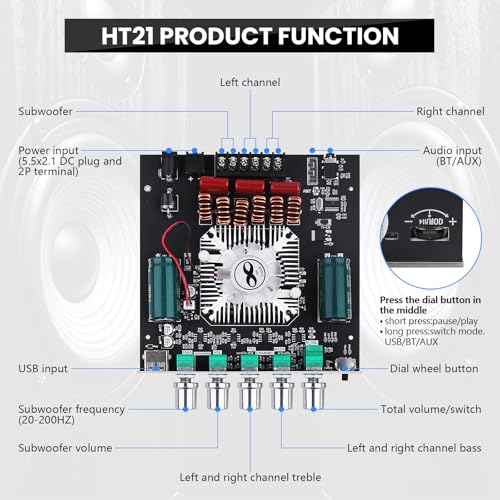 ZK-HT21 Bluetooth Amplifier Board 160W×2+220W Subwoofer 2.1 Channel | Audio Amplifier Bluetooth Module with Treble and Bass Control,AUX/Bluetooth/USB Inputs for Passive Speakers