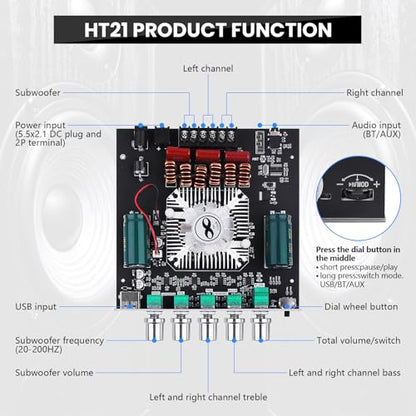 ZK-HT21 Bluetooth Amplifier Board 160W×2+220W Subwoofer 2.1 Channel | Audio Amplifier Bluetooth Module with Treble and Bass Control,AUX/Bluetooth/USB Inputs for Passive Speakers