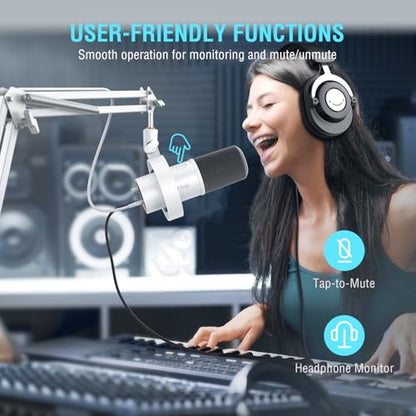 FIFINE XLR Dynamic Microphone with Boom Arm Kit for Vocal, Recording, Studio Podcast Mic Bundle with Metal Arm Stand, Tap-to-Mute, 3.5mm Headphone Jack for Streaming, Music Creation (K688W+CS1W)
