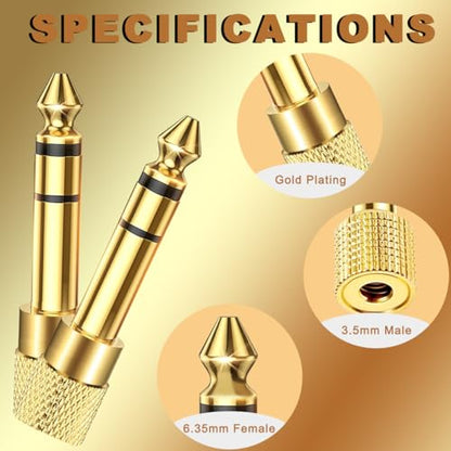 5PCS 6.35mm (1/4 inch) Male to 3.5mm (1/8 inch) Female Stereo Audio Headphone Jack Adapter Connect Gold-Plated Plug Socket with Cable Tie, for Guitar Computer Amplifiers AV Receivers