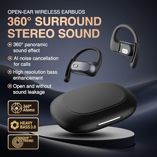 Open Ear Headphones,Silicone Ear Hanger,360-Degree Panoramic Sound,Air Conduction, LED Display,IPX7 Waterproof, Wireless Earbuds for Meeting, Driving,Traveling (Black)