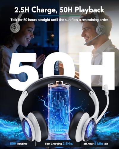Wireless Headset for Work, HD Sound Bluetooth Headphones with Mic | with ENC Noise Cancelling Microphone and Mute Office/Video Calls/Business/WFH/Home, 50H Playtime for PC/Laptop/Cell Phone - color: White