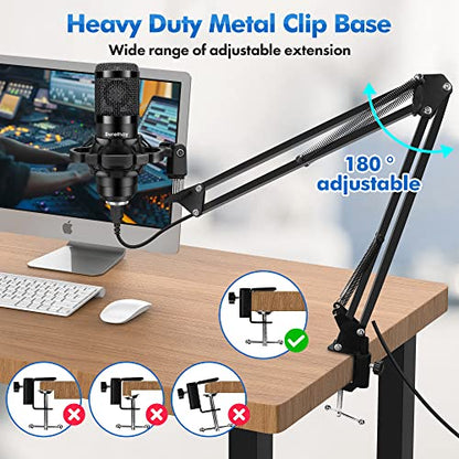 Bwrethay USB Microphone,Professional Microphone 192kHz/24Bit Plug & Play PC Computer Condenser Cardioid Mic Kit with Adjustable Boom Arm Stand Shock Mount,for Podcast,Streaming,StudioRecording, Black
