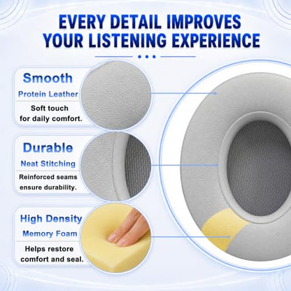 Replacement Ear Pads for Beats Studio 2 & Studio 3 (B0501, B0500) Wired & Wireless Headphones, Protein Leather Earpads Cushions with Memory Foam, Extra Thick Ear Cups,1 Pair (Gray) - color: Gray