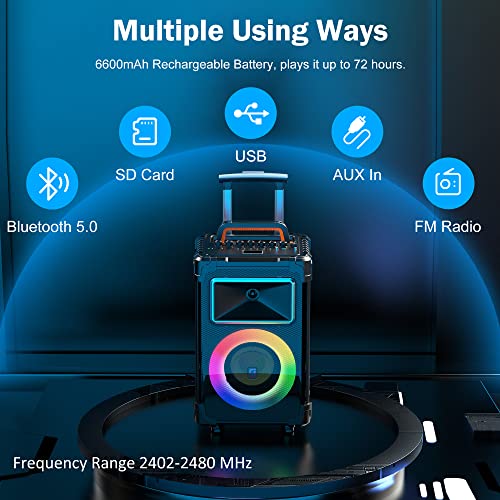 JYX 500W Peak Rolling Karaoke Machine, 10" Woofer & 2 Wireless Mics - color: Black