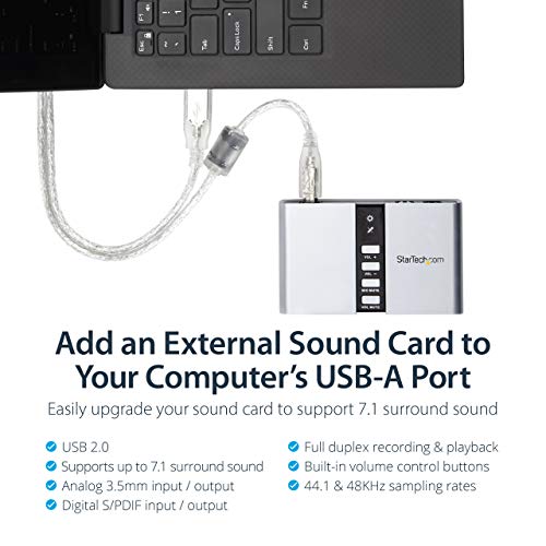 StarTech 7.1 USB Audio Adapter, External Sound Card (ICUSBAUDIO7D) | External sound card for laptop/PC, up to 7.1 surround sound, Digital SPDIF, Analog 3.5mm