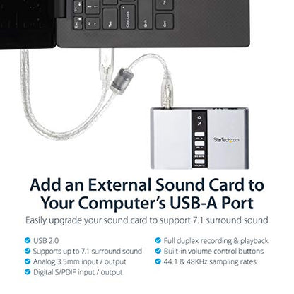 StarTech 7.1 USB Audio Adapter, External Sound Card (ICUSBAUDIO7D) | External sound card for laptop/PC, up to 7.1 surround sound, Digital SPDIF, Analog 3.5mm