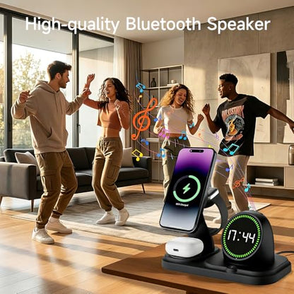 6-in-1 Wireless Charging Station with 30W Fast Adapter, RGB Ambient Light, Digital Clock & Bluetooth Speaker, Multi-Function Desktop Charger for Wireless Charging Phones, Earbuds & Watch - color: Black