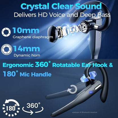 AI Bluetooth Headset Wireless Bluetooth Headphone Earphone Earpiece with Translation, Noise Cancelling, Last 72H, Single-Ear Earbuds with Microphone, for Phone/PC/Laptop, Daily/Office/Trucker