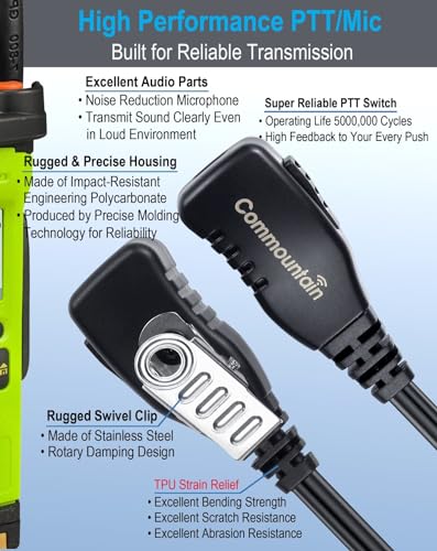commountain Earpiece for Motorola Radios R5, XPR 3500e, XPR 3300e | Acoustic Tube Surveillance Headset, Noise Reducing PTT Mic, Reinforced Cable - size: For users below 6 feet tall
