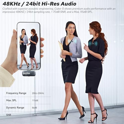 Godox Cube-SC 2.4G Wireless Lavalier Microphone with USB C 48kHz/24bit >70dB SNR, Max 115dB SPL, 300M transmission 30H long duration Apple Find My Support APP Control for iPhone 15/16 & Android device