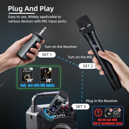 Wireless Microphones for Singing Karaoke, 500ft/150m Long Range Metal Dual Cordless Mic System with 99 Channels, 40H Battery, Professional Microfonos Inalambricos for DJ Party Church