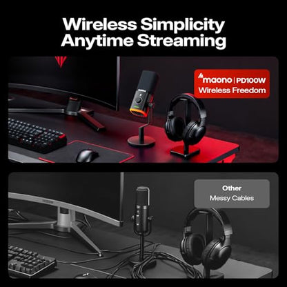 MAONO PD100W Wireless Dynamic Microphone for iPhone, Android & PC (Black) | USB-C & Lightning Receivers, Noise Reduction,RGB Lighting, Software EQ, for Gaming, Streaming and Content Creation - color: Black