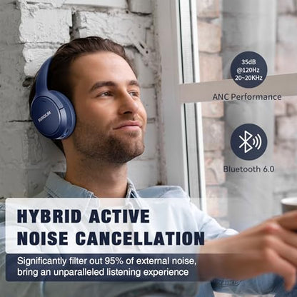 RUNOLIM Hybrid Active Noise Cancelling Headphones, 100H Playtime, Built-in Microphone, Bluetooth Wireless Over Ear Foldable Headphones with HiFi Audio, Home Travel Office - color: Blue