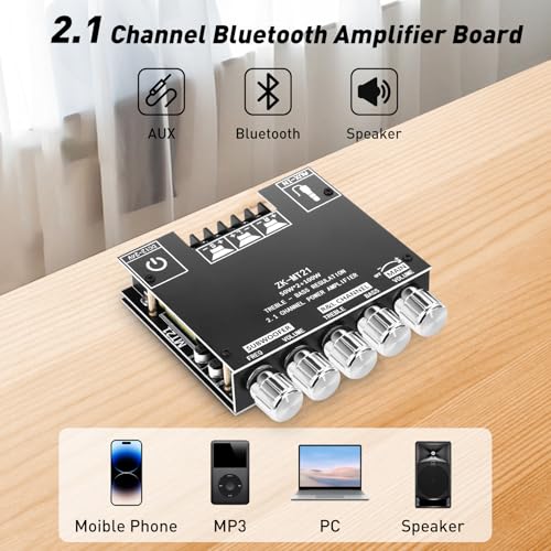 Daakro ZK-MT21 Bluetooth Amplifier Board,50W+50W+100W 2.1 Channel Subwoofer Amp Board with Treble/Bass/Sub Control,DC 9-24V, Bluetooth and AUX Inputs, DIY Wireless Speakers AMP Board, Password Free - color: ZK-MT21