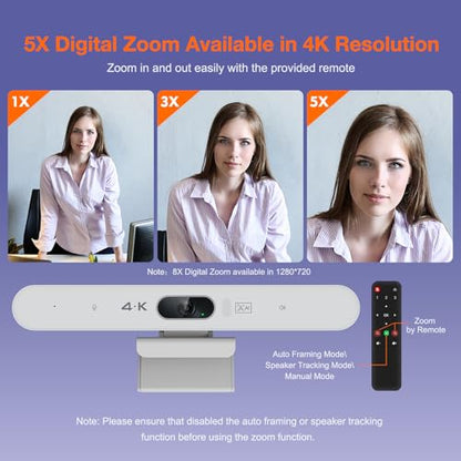 4K Video Conference Room Camera System with Remote Control, AI Auto Framing&Focus, Speaking Tracking, Digital Zoom, Webcam with Microphone and Speaker for Windows TV/PC/Laptop/Zoom/Teams/Skype - color: White