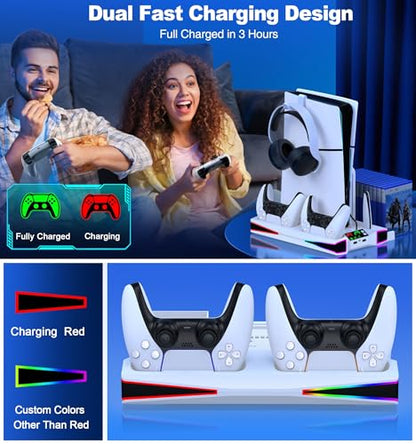 Kawaye PS5 Stand PS5 Cooling Station for PlayStation 5/Pro/Slim Console, PS5 Accessories Vertical Stand with 2.36in Cooling Fan, RGB Light, Dual Controller Charger, Headset Holder, 3 Charger Port - color: White