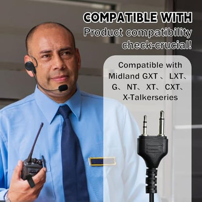 Behind-the-Head Walkie Talkie Earpiece with PTT Mic, Kevlar Reinforced Cable,Compatible with Midland GXT LXT X-Talker 2-Pin Radios, Clear Sound Headset for Construction Security