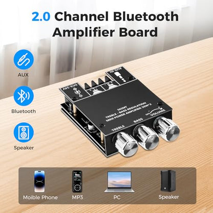 Daakro ZK-502MT Bluetooth Amplifier Board,50W+50W 2.0 Channel Amp Board with Treble and Bass Control,DC 9-24V, Bluetooth and AUX Inputs, Audio Amp Board for Home DIY Wireless Speakers, Password Free - color: ZK-502MT