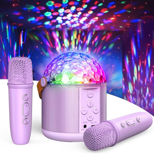 Mini Karaoke Machine for Kids, Birthday Party Gifts Toys for Girls Ages 4 5 6 7 8 9 10 11 12+ Years Old, Karaoke Microphone with 2 Wireless Microphones, Portable Bluetooth Speaker with Disco LED Light - color: Purple